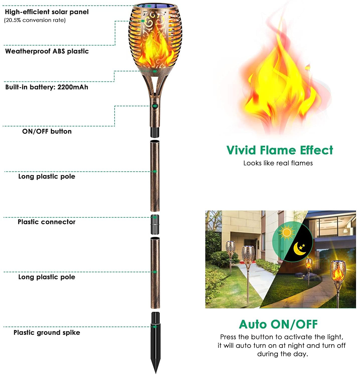 TomCare Solar Torch Lights, 99 LED, Waterproof, 43in, Bronze, Large - 4 Pack, Model SL-1036B