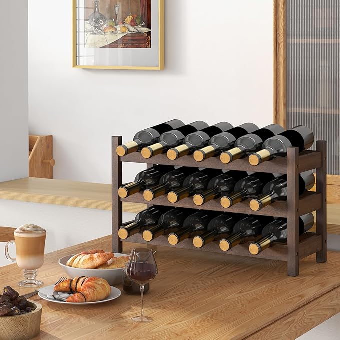 Giantex Bamboo 3-Tier 18-Bottle Wine Storage Cabinet Shelf, Countertop Wine Rack for Kitchen, Bar, Pantry & Wine Cellar, Coffee