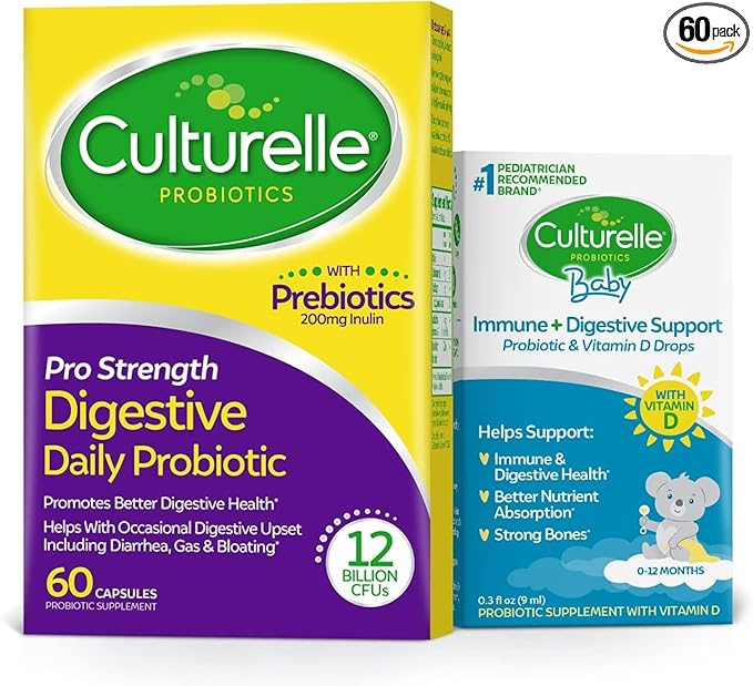 Culturelle Pro Strength Daily Probiotic Capsules, Probiotics for Men & Women 60 Count, 2 months + Culturelle Baby Immune & Digestive Support Probiotic + Vitamin D Drops 0-12 Months, 30 Day Supply, 9ml