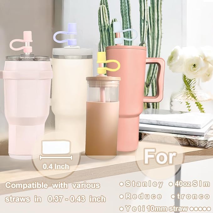 6Pcs Straw Cover Caps for Stanley Cup, Silicone Straw Topper Tip Stopper fit 30&40 Oz Tumbler with Handle, Dust Proof Decor Accessories for 0.4inch/10mm Drinking Straws