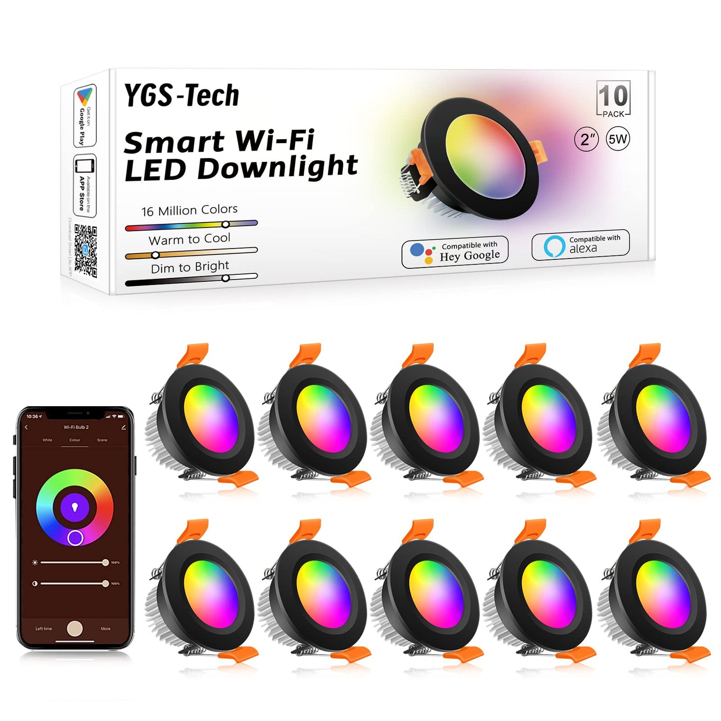 YGS-Tech Smart LED Downlight, WiFi Dimmable RGB & CCT 2700-6500K, 5W, 10 Pack, Black Trim