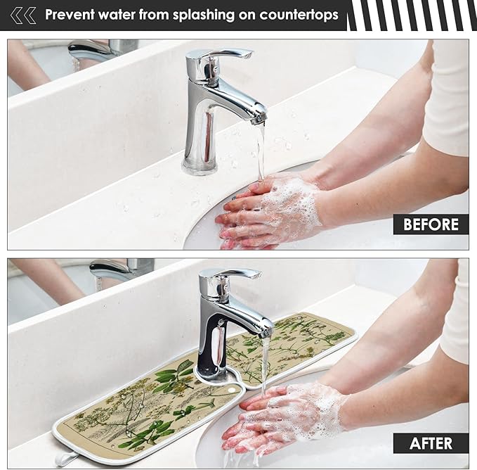 Kitchen Faucet Absorbent Mat, Antique Botanical Water Splash Guard for Sink, Faucet Drip Catcher Thicken Sponge Microfiber Faucet Water Catcher Mat Sink Absorbent Mat for Kitchen 30x5in 2 Pack