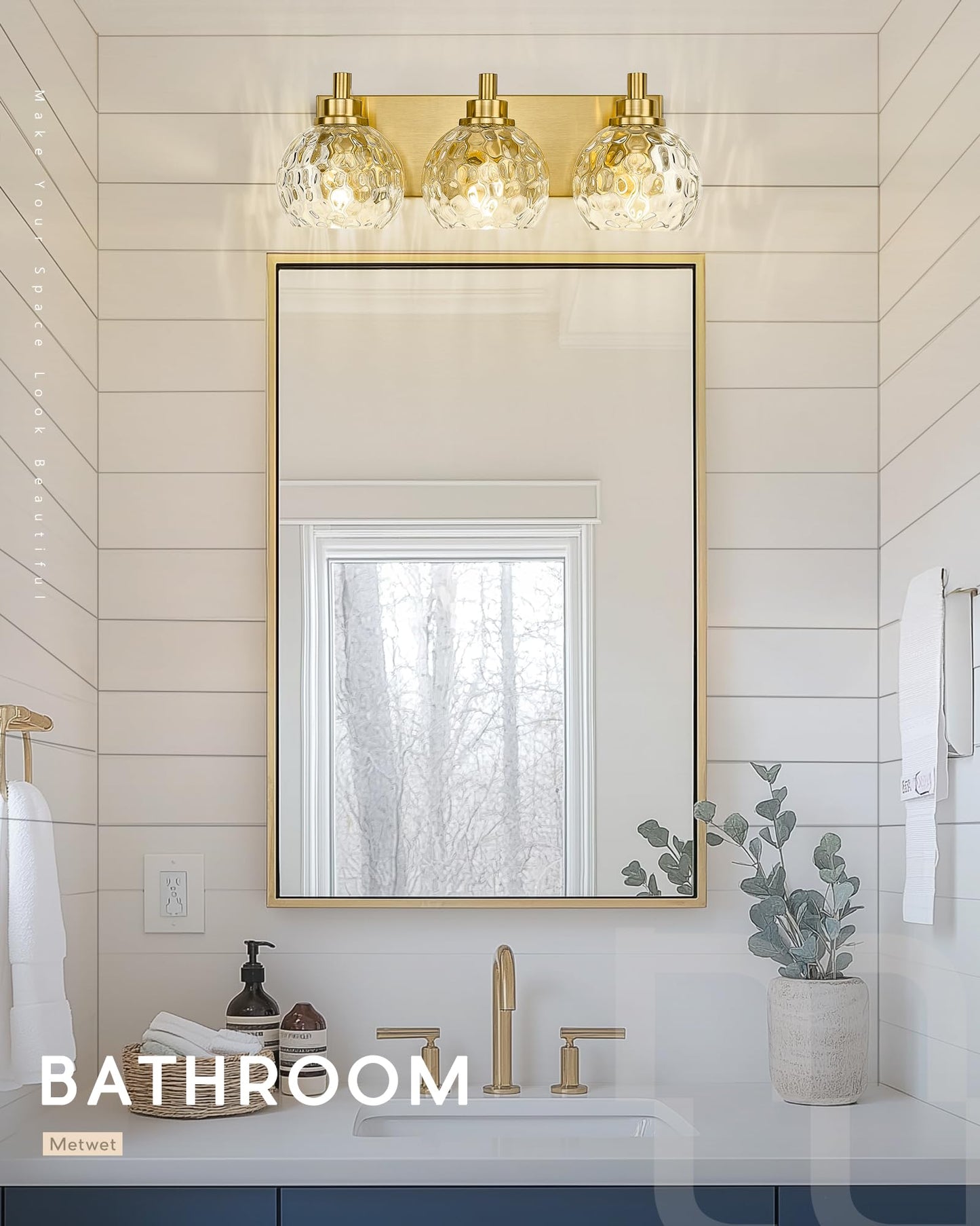 Metwet Bathroom Light Fixtures Over Mirror  3-Light Brushed Gold Vanity Light With Clear Hammered Glass Globe Shade  Modern Sconces Wall Lighting Bedroom Hallway  Vl200-Bg-3