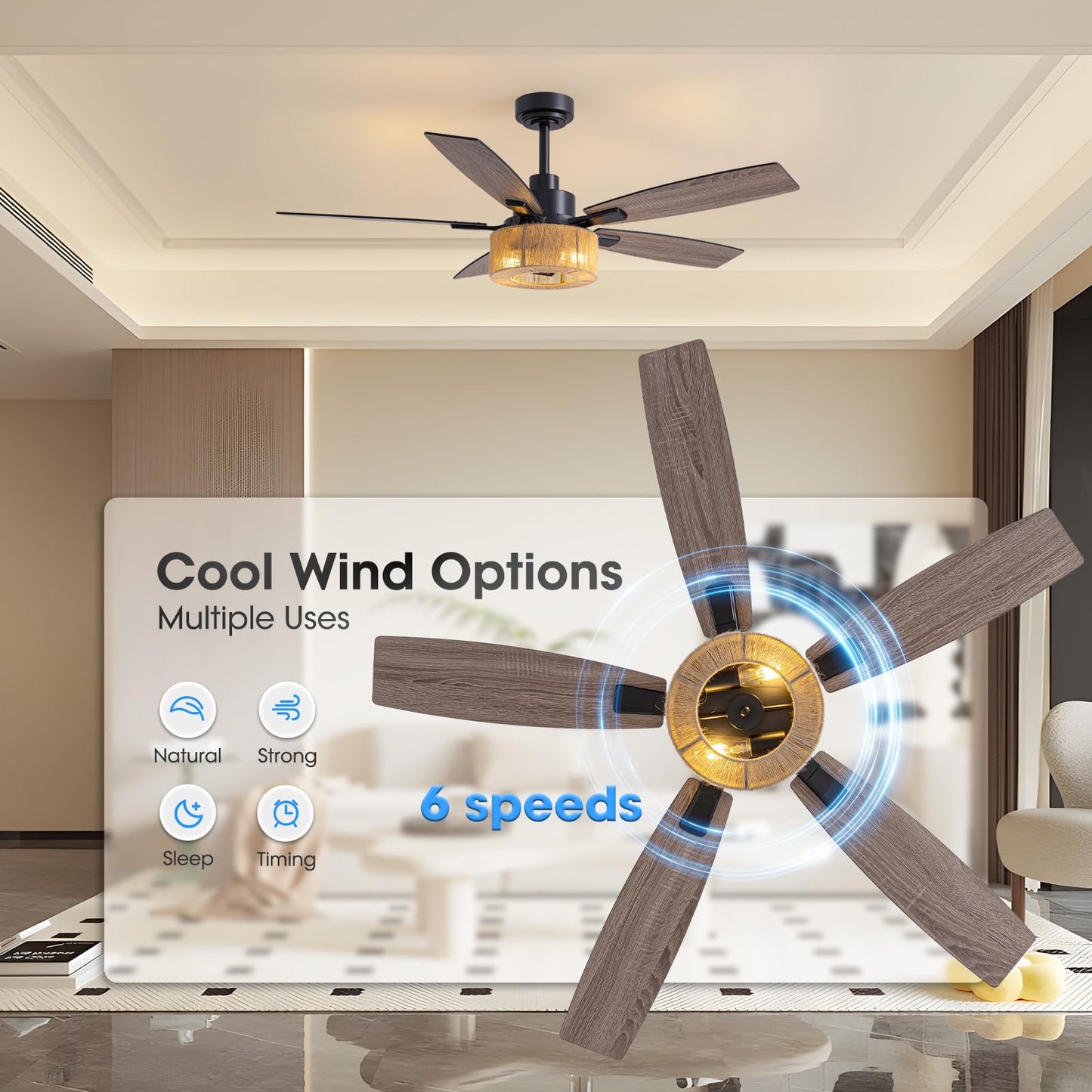 Luminfan 46 Inch Boho Black Hemp Ceiling Fans With Lights And Remote Control, Farmhouse Caged Rattan Ceiling Fan For Dining Room