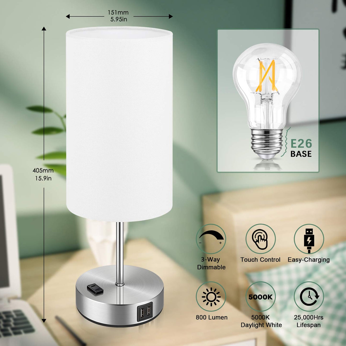 Brightever Touch Control Table Lamps, 3-Way Dimmable, 2 USB Ports & AC Outlet, 2 Packs, White, Model ST0001-WH