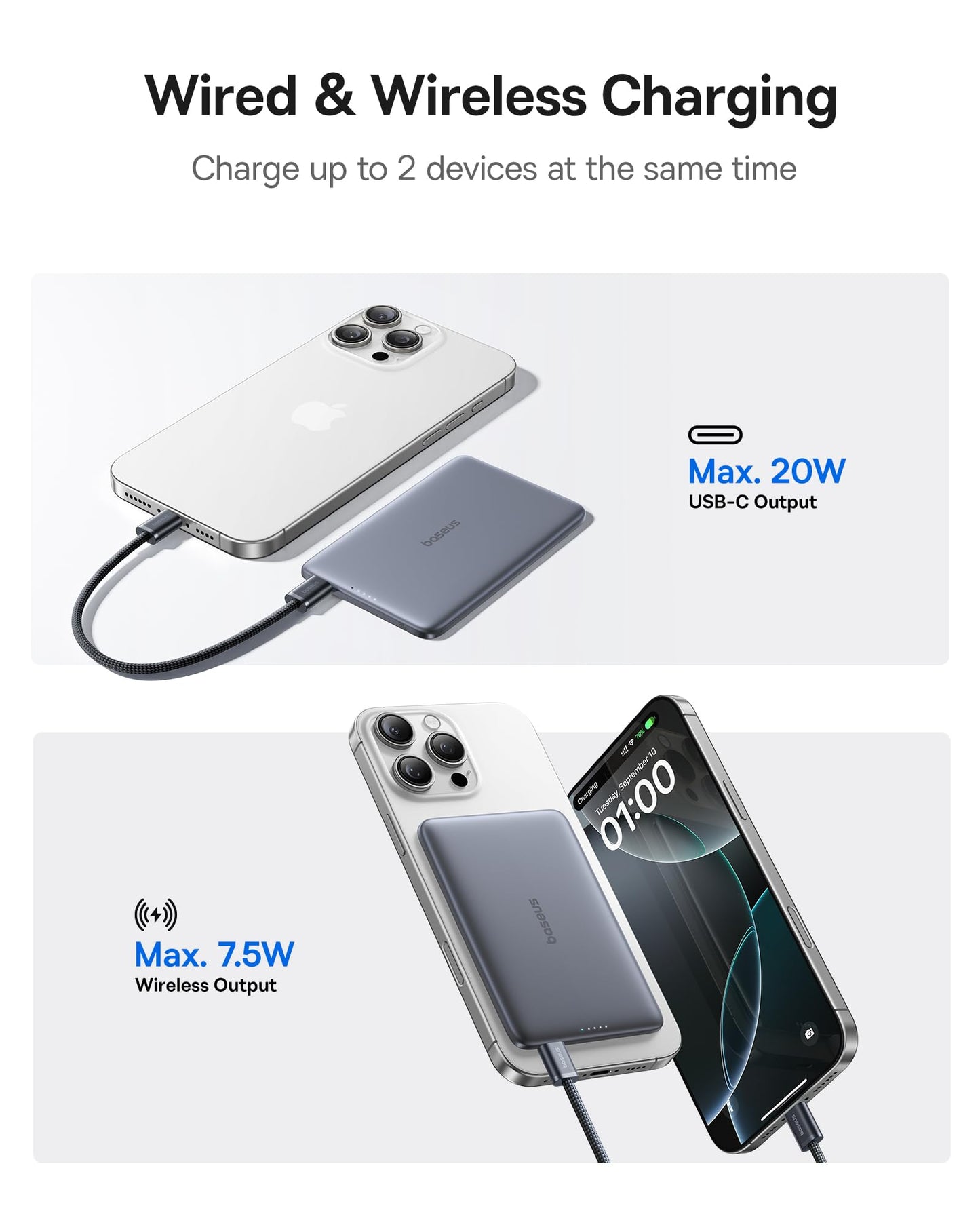 Baseus Picogo Power Bank, 0.3" Ultra Slim 5000mAh MagSafe Portable Charger, Card-Size Magnetic Battery Pack with USB-C Braided Cable, Alloy Wireless Charger for iPhone 17 Pro Max/17 Air/16/15/14/13/12