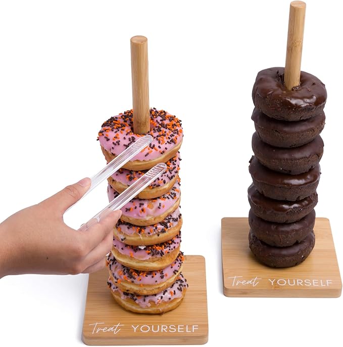 Bamboo Donut Stands for Dessert Table, Set of 2 w/ Tongs, Donut Holder Stand Party, Multipurpose Bagel Holder, Trendy Display for Party, Stylish Bagel Tower, Perfect Brunch Display, Sweet Birthday