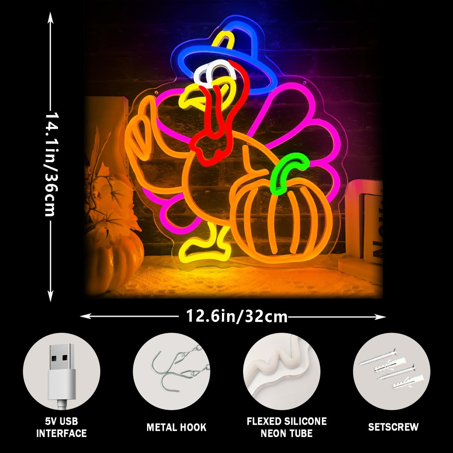 Pumpkin Turkey Neon Sign Dimmable Thanksgiving Led Neon Light Pumpkin Glowing Sign Usb Powered Wall Hanging Decoration For Fall Neon Sign Thanksgiving Harvest Home Decor.
