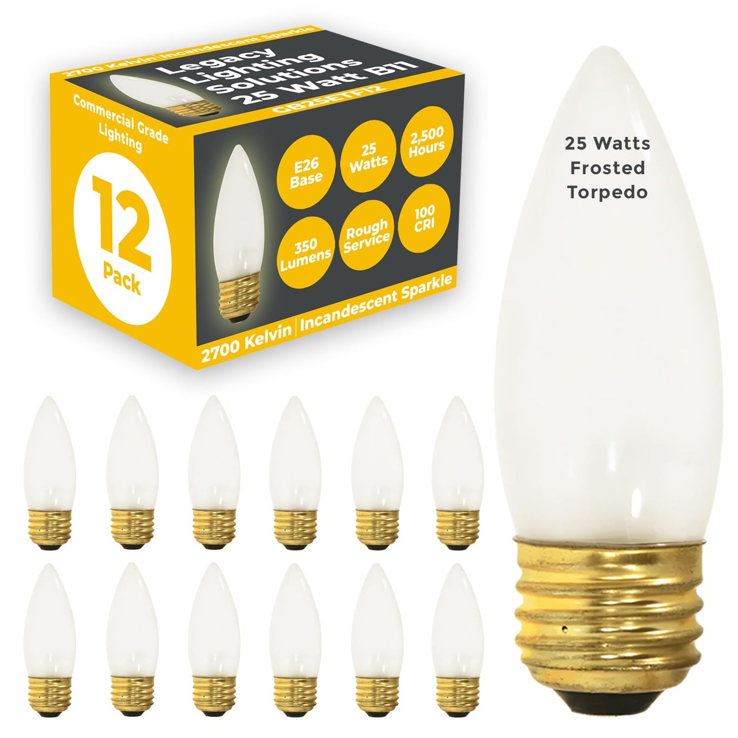 GoodBulb 25-Watt Incandescent Torpedo Light Bulbs, Dimmable, 175 Lumens, Pack of 12, Frosted Finish, Medium E26 Base, 2700
