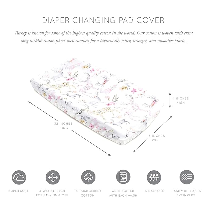 Oilo Changing Pad Cover, Breathable 100% Turkish Cotton Fitted Jersey, 300 Thread Count, Machine Washable, Fits Standard Changing Pads (32" x 16"), Girl, Boy, & Neutral Nursery Design, Fawn