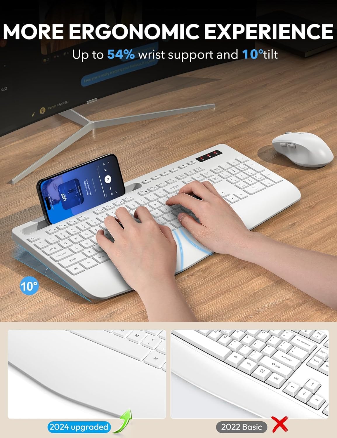 Sablute Wireless Keyboard And Mouse, Wrist Rest, Phone Holder, Batteries Included, 2.4G Lag-Free Ergonomic Keyboards Mouse Combo