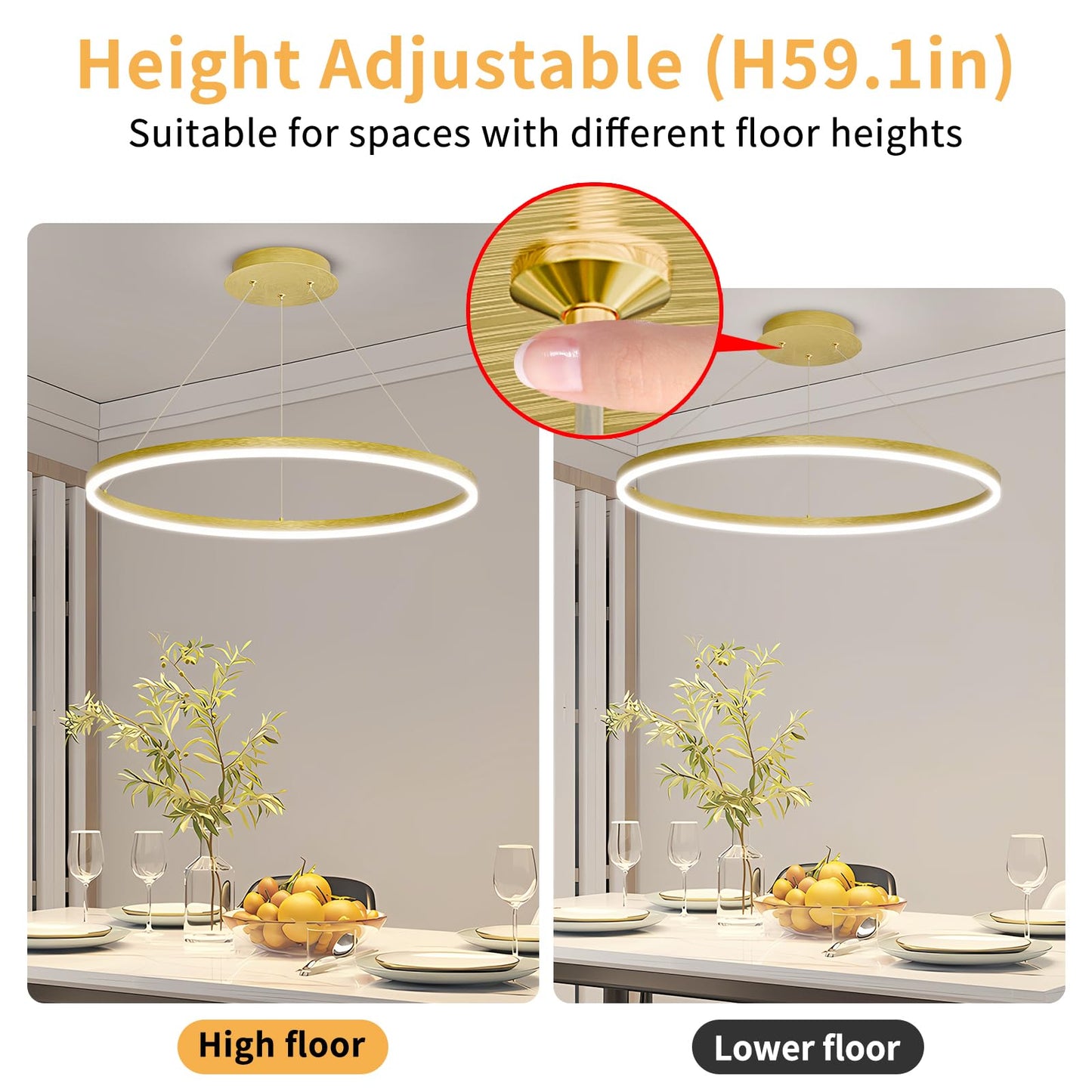 Mikeru Modern LED Chandelier Light with Remote Control, Adjustable 3000K-6500K, 23.6IN, F-Gold, Aluminum Material
