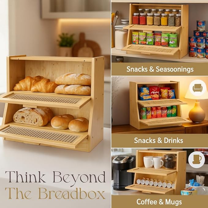 Bread Box for Kitchen Countertop - Bamboo Wood Breadbox with Knife Storage, Ventilation Holes - Farmhouse Loaf Organizer, Versatile 2 Layer Bread Storage Container for Snacks Mugs Spices
