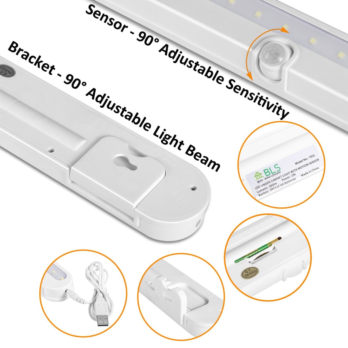 Bls T01L Led Closet Light - Wireless Motion Sensor, 20 Super Bright Leds, Battery Powered, White, Adjustable Light Beam