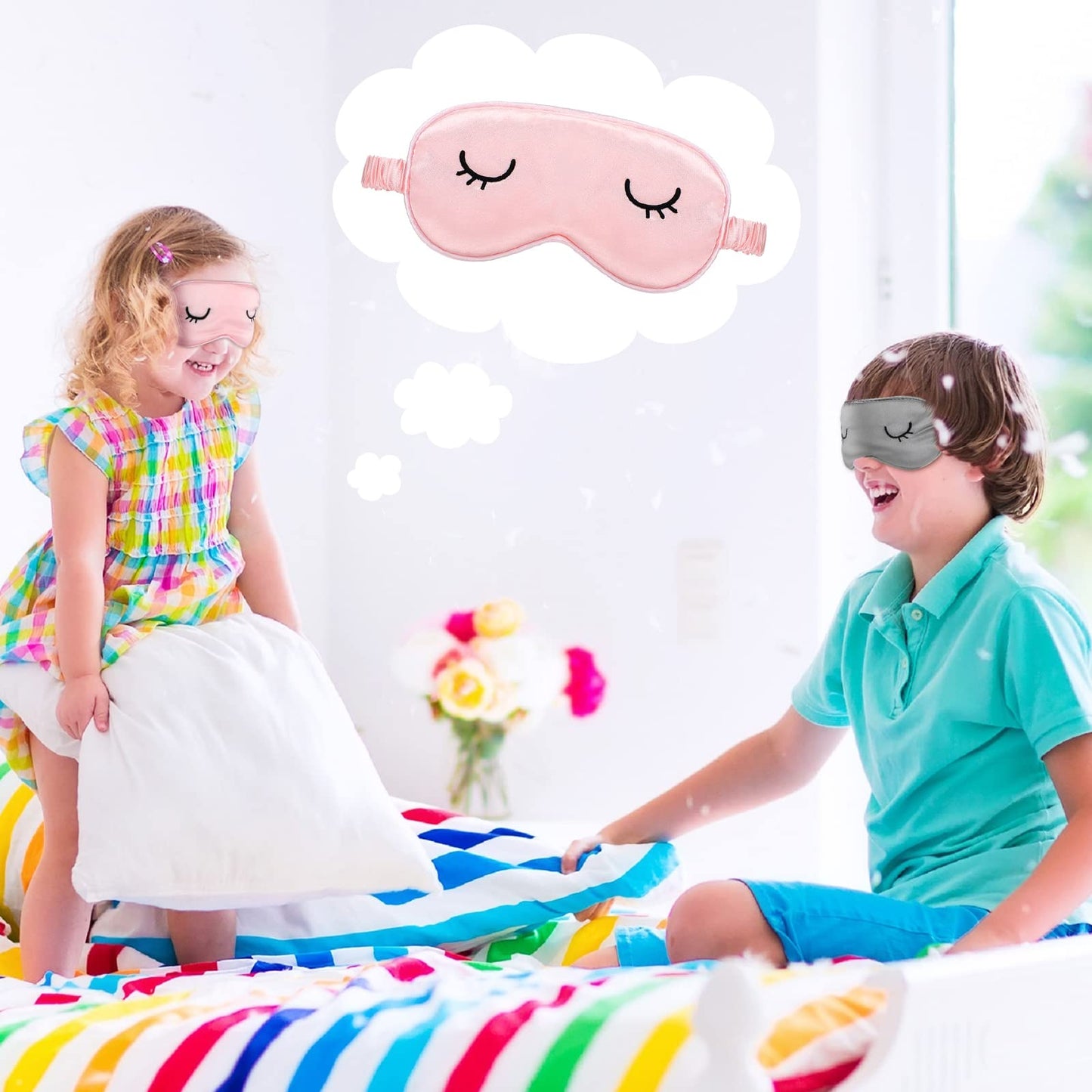 2 Pieces Cute Sleep Eye Masks for Kids Silk Sleep Eye Cover Cute Lightweight Adjustable Eyeshade Mask Satin Night Eyeshade Covers with 2 Pieces Storage Bag(3-12 Years,Gray, Pink)