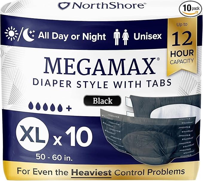 NorthShore MegaMax Adult Overnight Diapers, 12-Hour Tab-Style, X-Large, 10 Count Bag, Black, 50-60 inches, Unisex Incontinence Underwear