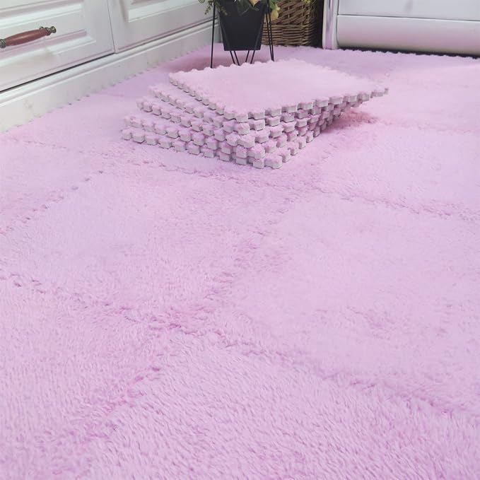 16pcs 0.6" Thickened Interlocking Tile Mats,Fluffy Shaggy Soft EVA Foam Area Rug for Living Room & Bedroom,Non-Slip Protective Floor Carpet Play Mat Kids Baby Dorm Home Decor (11.8ft, Pink)