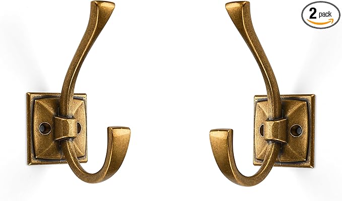 Large Wall Hooks 2 Pack Antique Brass Coat Hardware for Hanging 4.35 Inch Double Robe Wall Mounted With Screws for Key, Towel, Bags, Cup, Hat