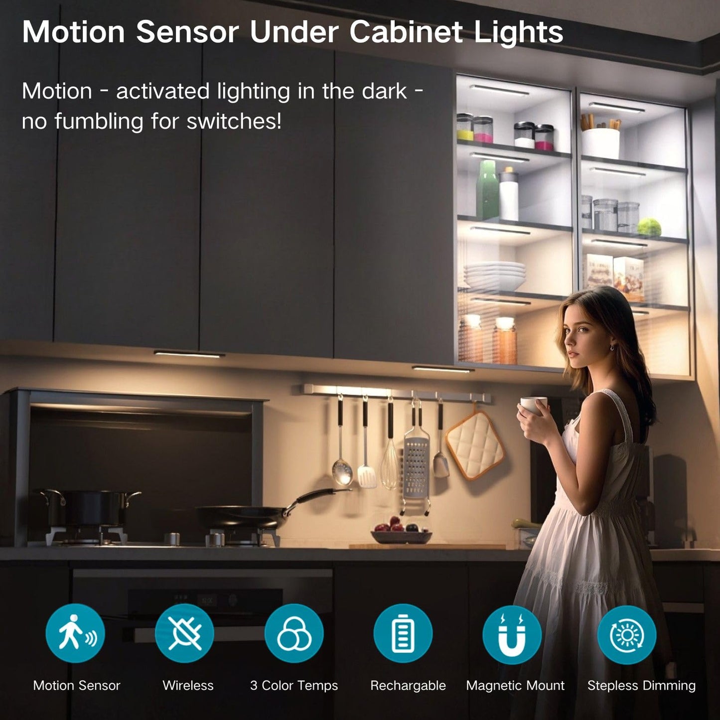 Sanofuturion Motion Sensor Under Cabinet Lighting-Magnetic Rechargeable Closet Lights For Kitchen Stairs Wardrobe | 3-Color Dimmable Led Under Counter Lighting | Pro Battery Upgrade (1  16 Inch)