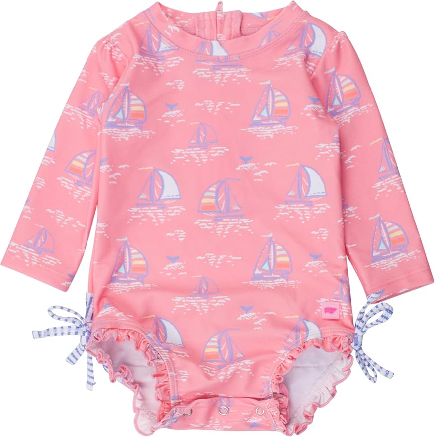 RuffleButts Baby Girls UPF 50+ Sun Protection Novelty Print Long Sleeve One Piece Rash Guard Swimsuit with Zipper