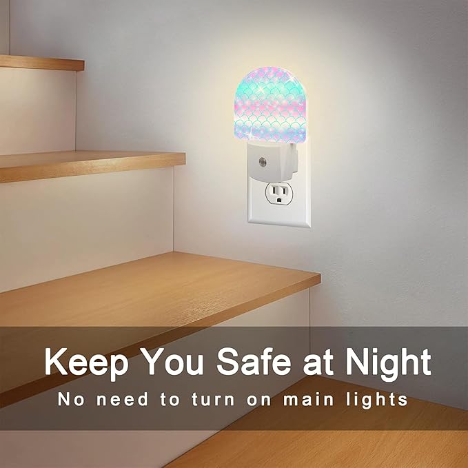 Rainbow Glitter Mermaid Scales Night Light Plug into Wall,Watercolor Pink Purple Teal Fish Scale Dusk to Dawn Night Light,0.5w Energy Saving Nightlights for Kids Boys Girls Home Decor