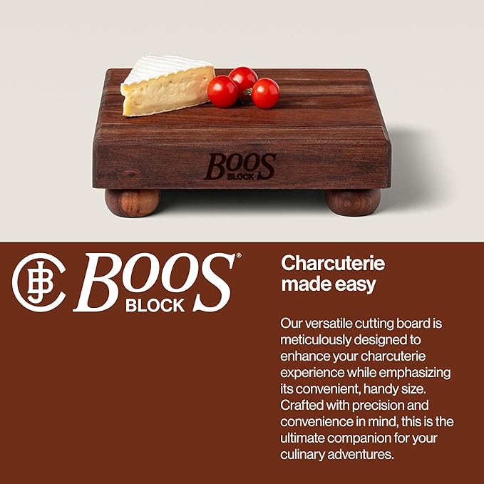 John Boos B Series Square Wooden Walnut Cutting Board 9”x9” – 1.5” Thick, 3-lb Non-Reversible Butcher Block with Wood Bun Feet & Edge-Grain