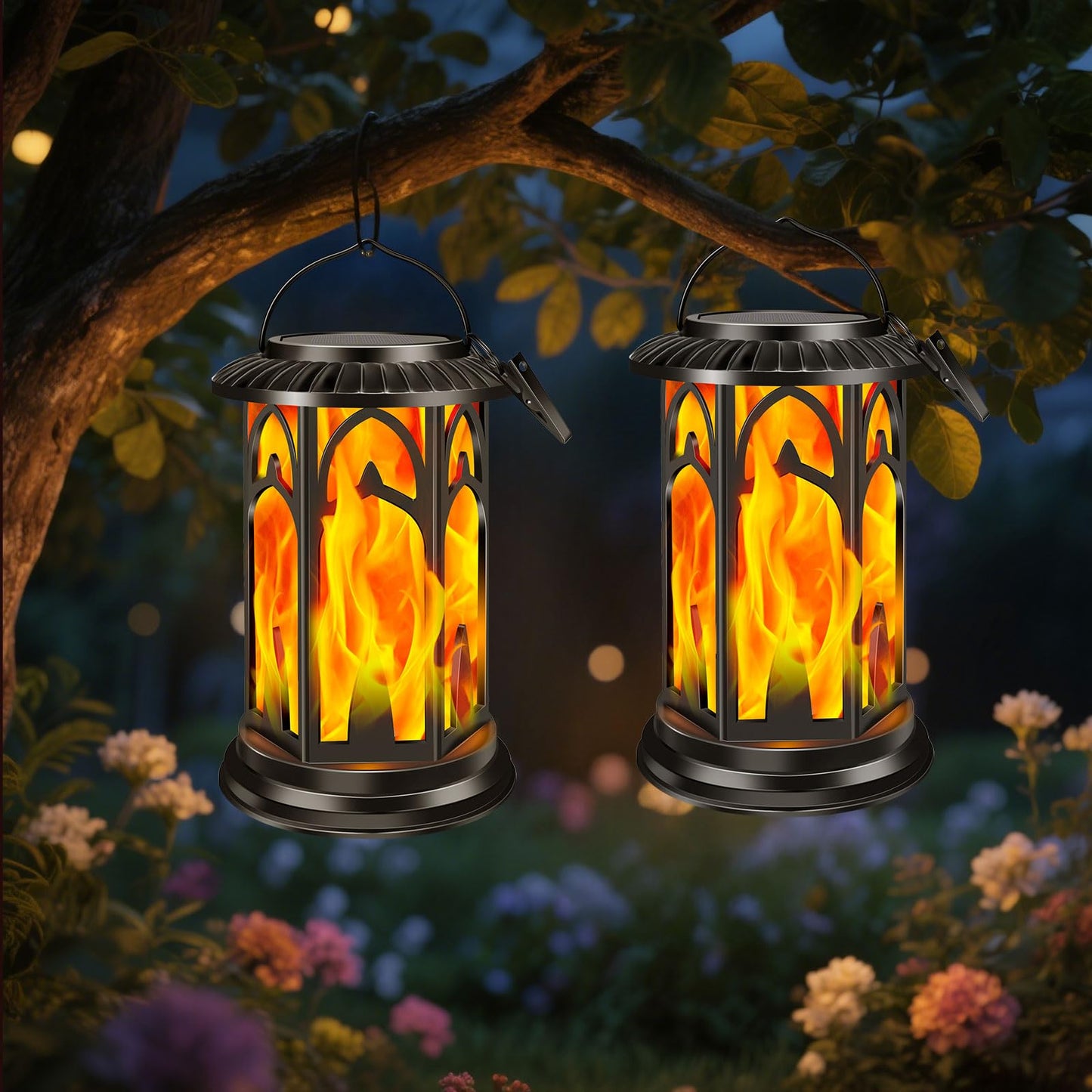 Blakapoo Solar Lanterns - Flickering Flame Outdoor LED Lights, Waterproof, USB Dual Mode, Pack of 2, Black, Model 0643-TL043A