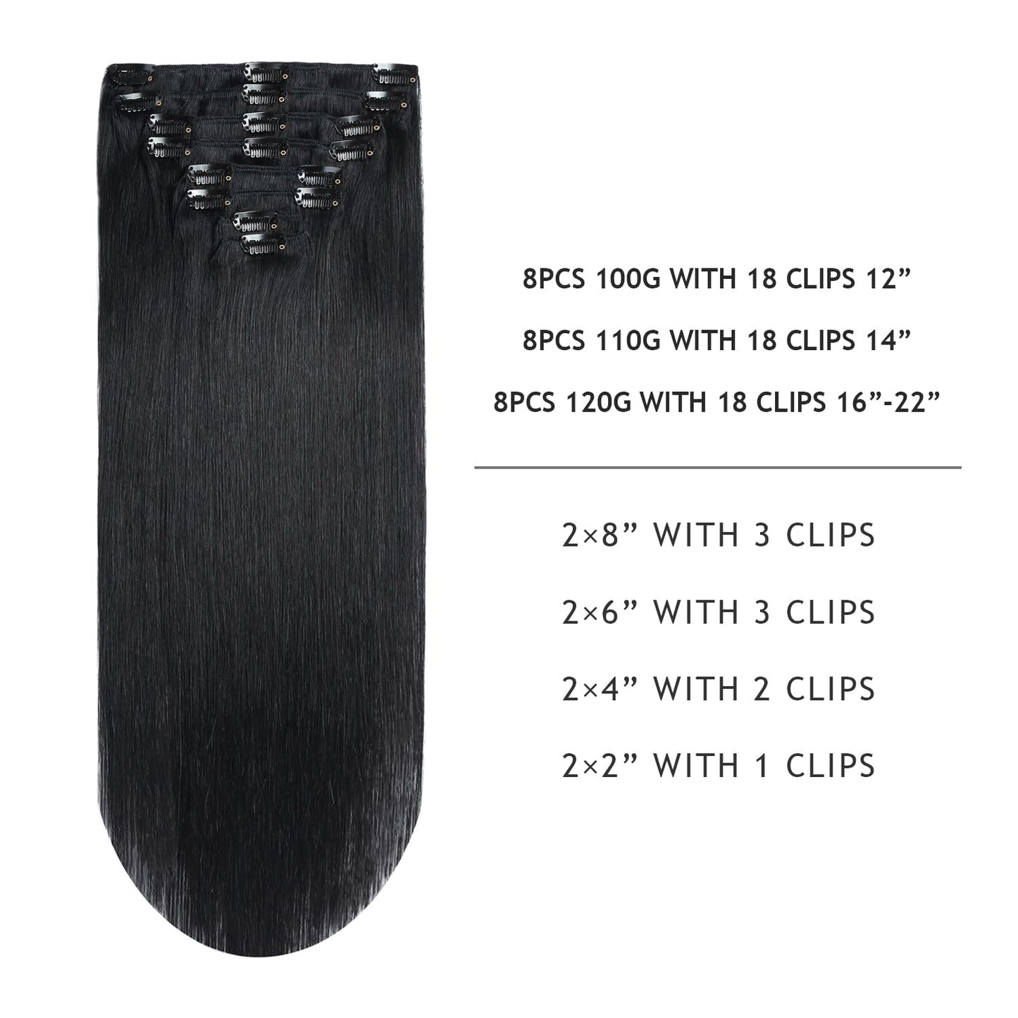 YILITE Clip in Hair Extensions Real Human Hair, Jet Black Human Hair Extensions Clip ins 8Pcs/Pack 110g Natural Silky Double Wef