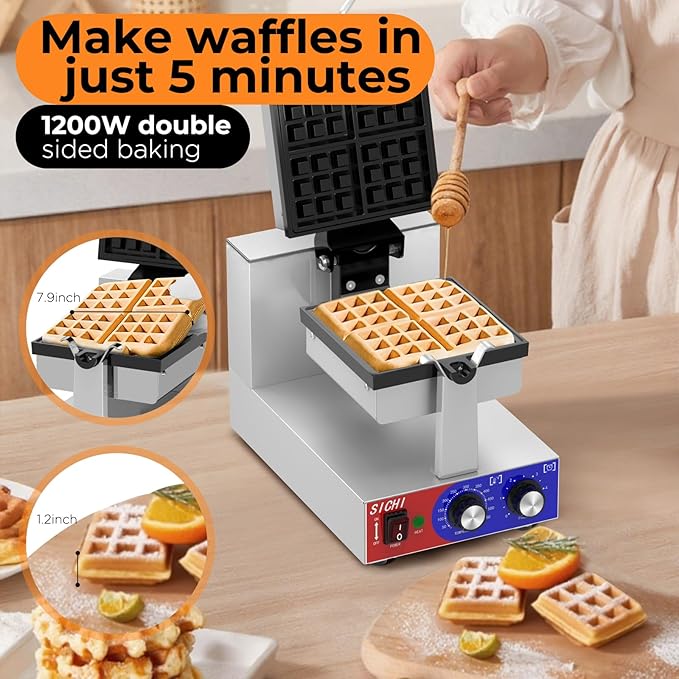 Commercial Waffle Maker -Belgian Waffle Maker w/Non-stick Baking Pan and 550℉ Heating, 1200W Rotating Waffle Iron for 1.2" Thick, Stainless Steel Square Waffle Machine for Hotel Restaurant