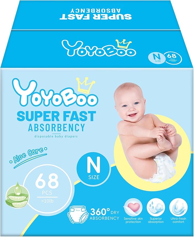 Disposable Newborn Baby Diapers, Hypoallergenic, Superior Absorbency, Lightweight Design & Dry Comfort, Size N, 68 Count