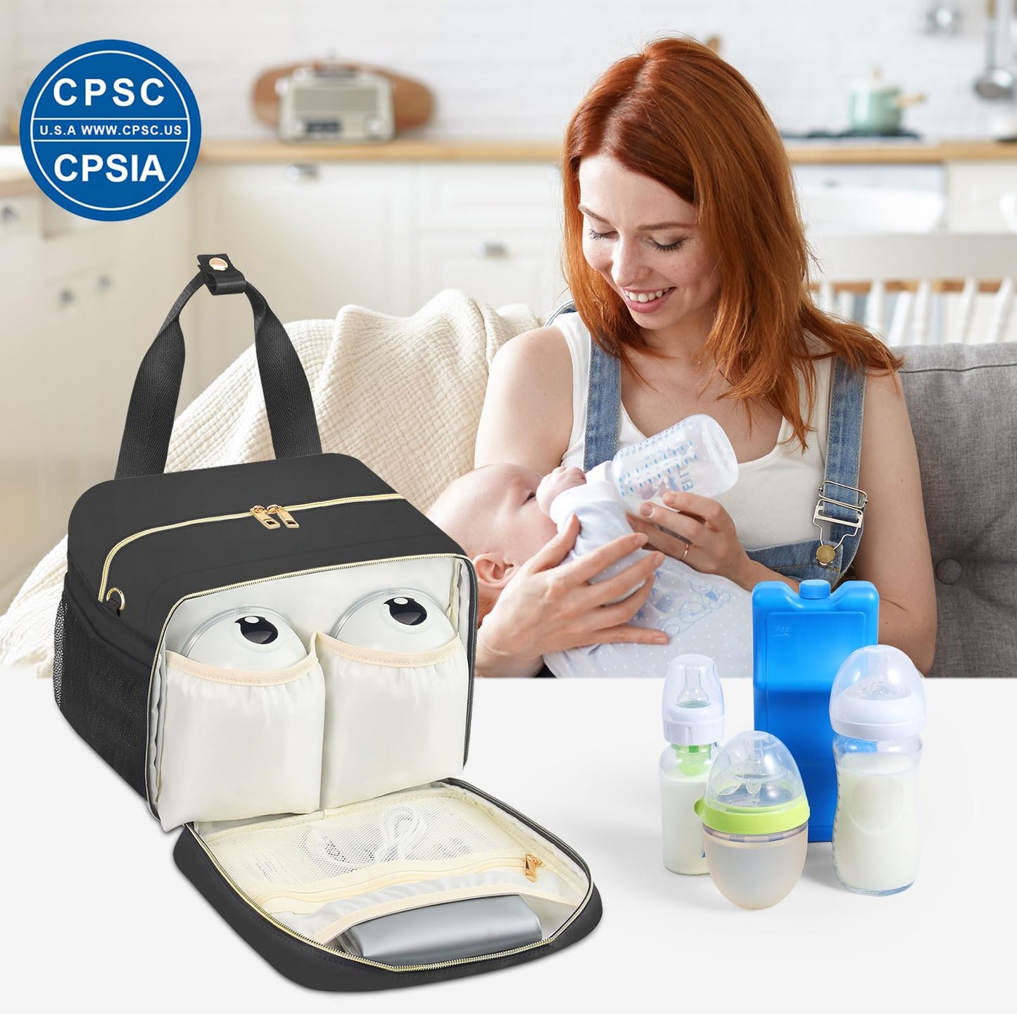 PIIOSER Breastmilk Cooler Bag with Ice Pack, Fits 6 Baby Bottles Up to 9 Ounce, Insulated Bottle Travel Bags with Shoulder Strap-Wearable Breast Pump Carrying Case for Nursing & Working Moms, Black
