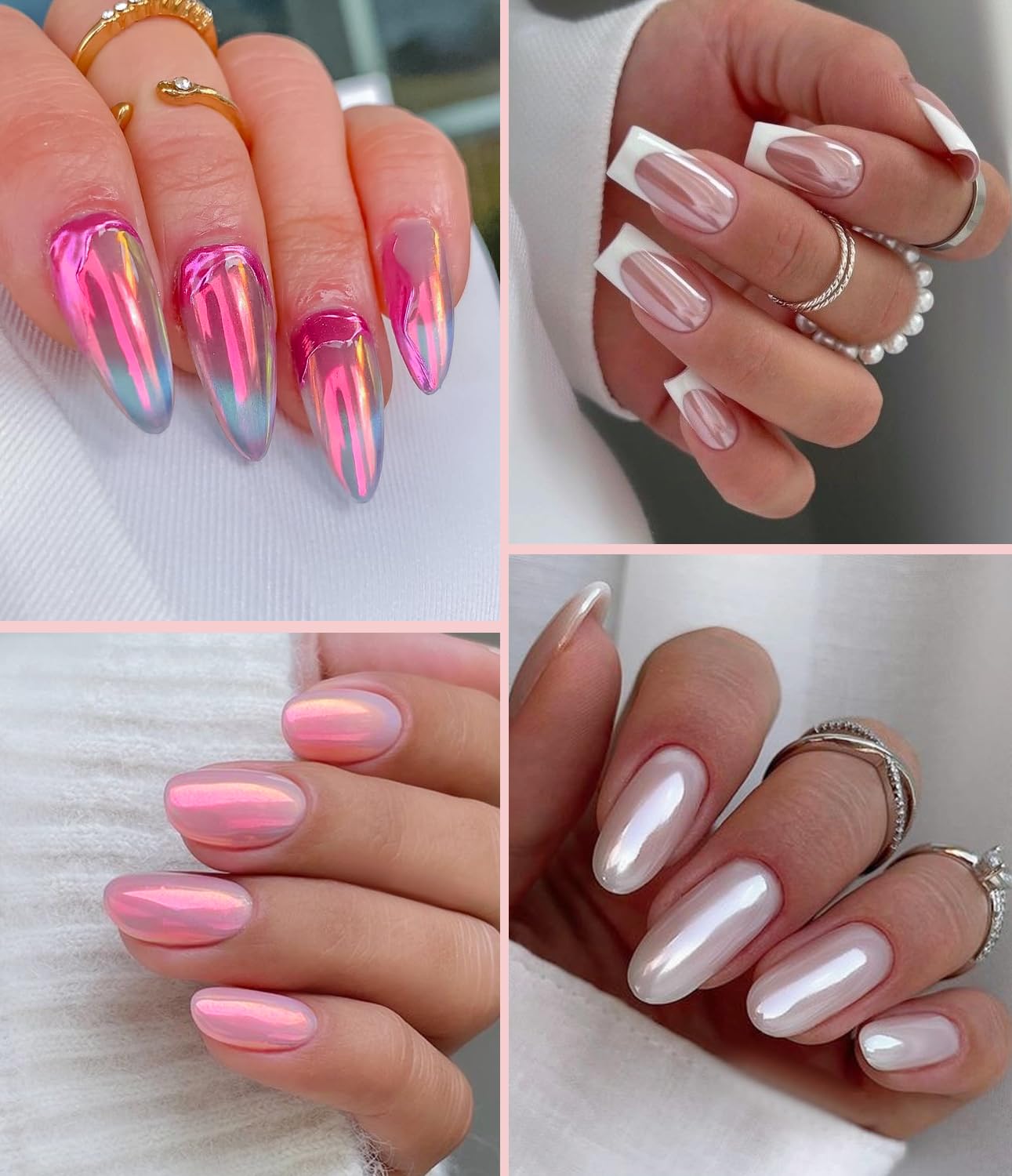 Pearl Chrome Nail Powder BISHENGYF -?Fairy Effect?Pink Chrome Nail Powder White Pearlesent Aurora Mermaid Iridescent Nail Chrome