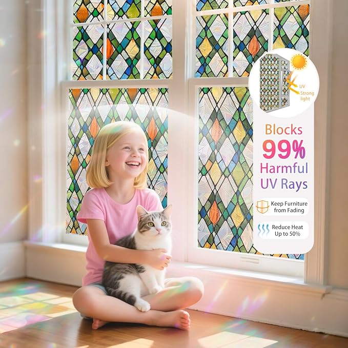 Lattice Stained Glass Window Film Static Cling with Tools - 17.5 x 78.7 Inch Non-Adhesive Privacy Decorative Rainbow Film for Windows, Doors, Sidelights - Easy Install & Remove