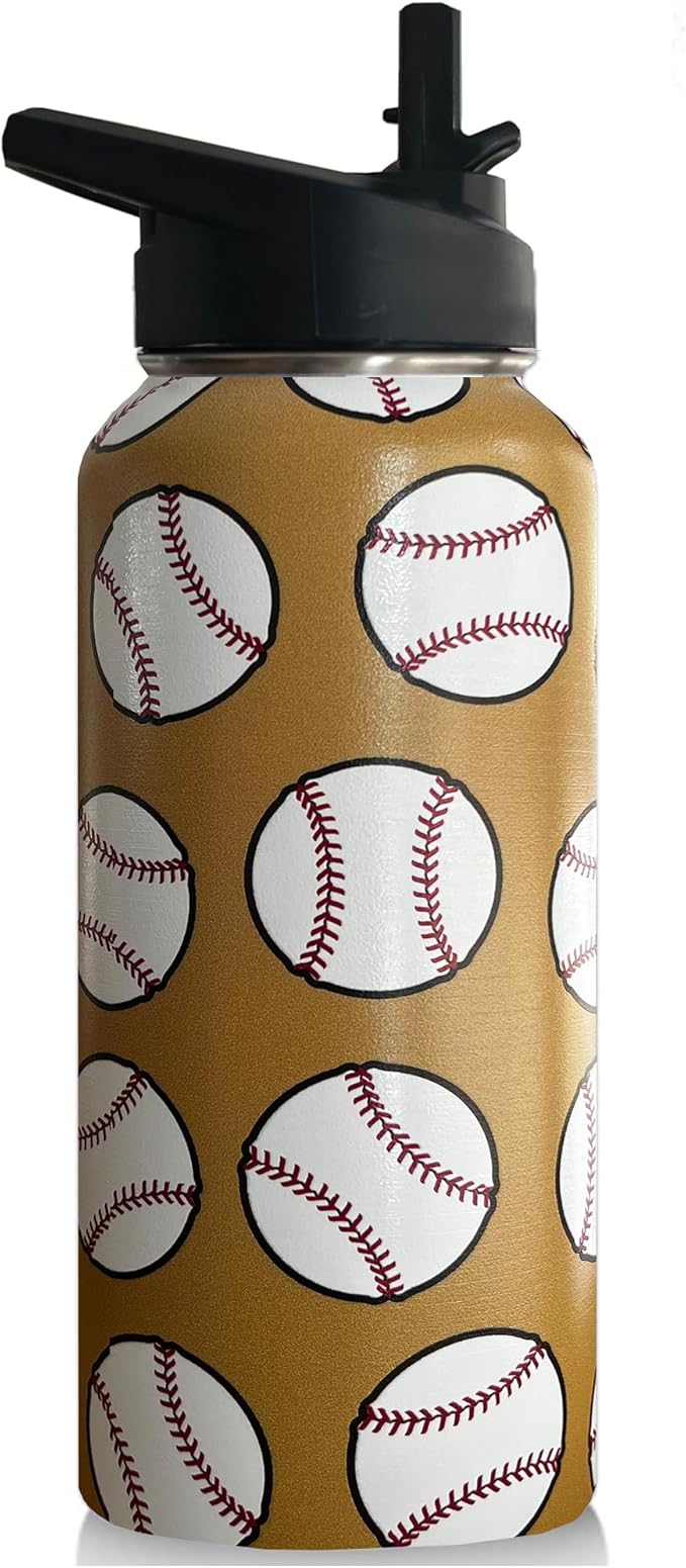 32 oz Baseball Water Bottle Insulated Vacuum Stainless Steel Sports Water Bottle with 2 Lids (Straw and Spout Lid) for Gym Camping Hiking