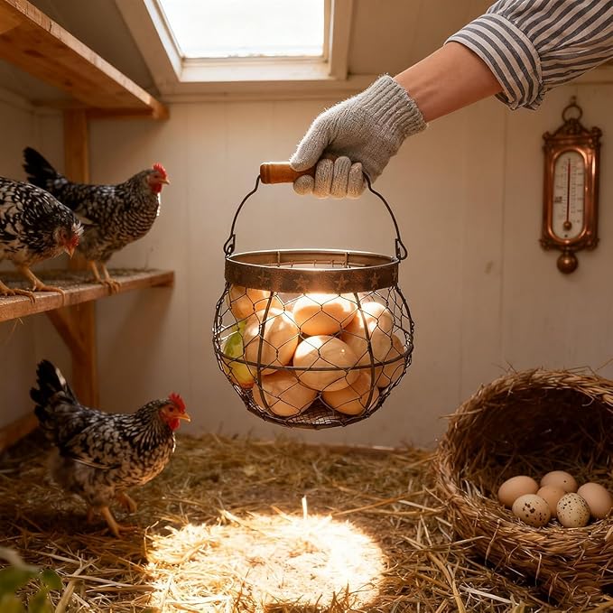 TAIANLE. Wire Egg Basket for Gathering Fresh Eggs with Handle, Metal Chicken Egg Collecting Basket for Coop, Rustic Farmhouse Kitchen Countertop Storage Basket Farmhouse Holder Organizer Easter