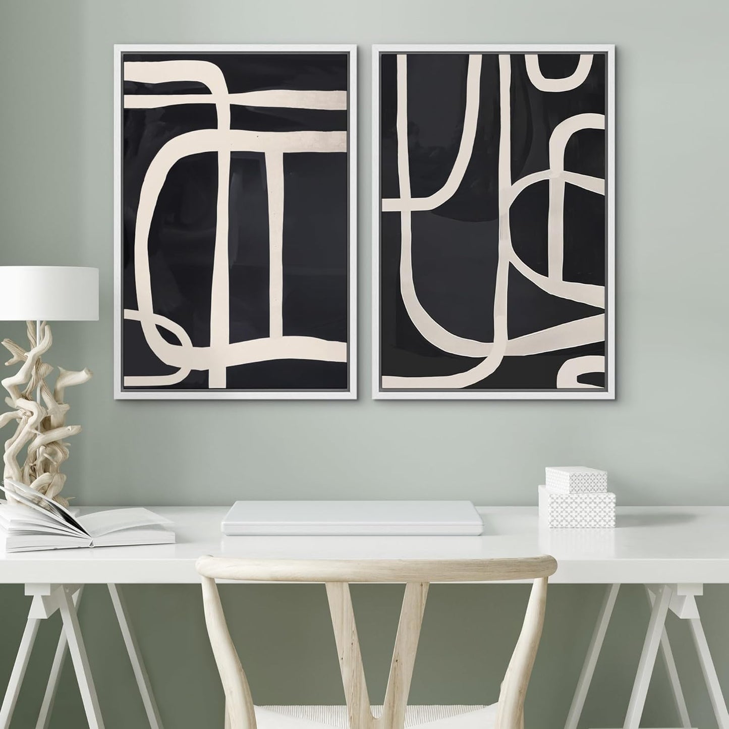 SIGNWIN Framed Canvas Print Wall Art Modern Graphic Black and White Curved Line Patterns Illustrations Modern Art Decorative Contemporary for Living Room, Bedroom, Office - 24"x36"x2 White