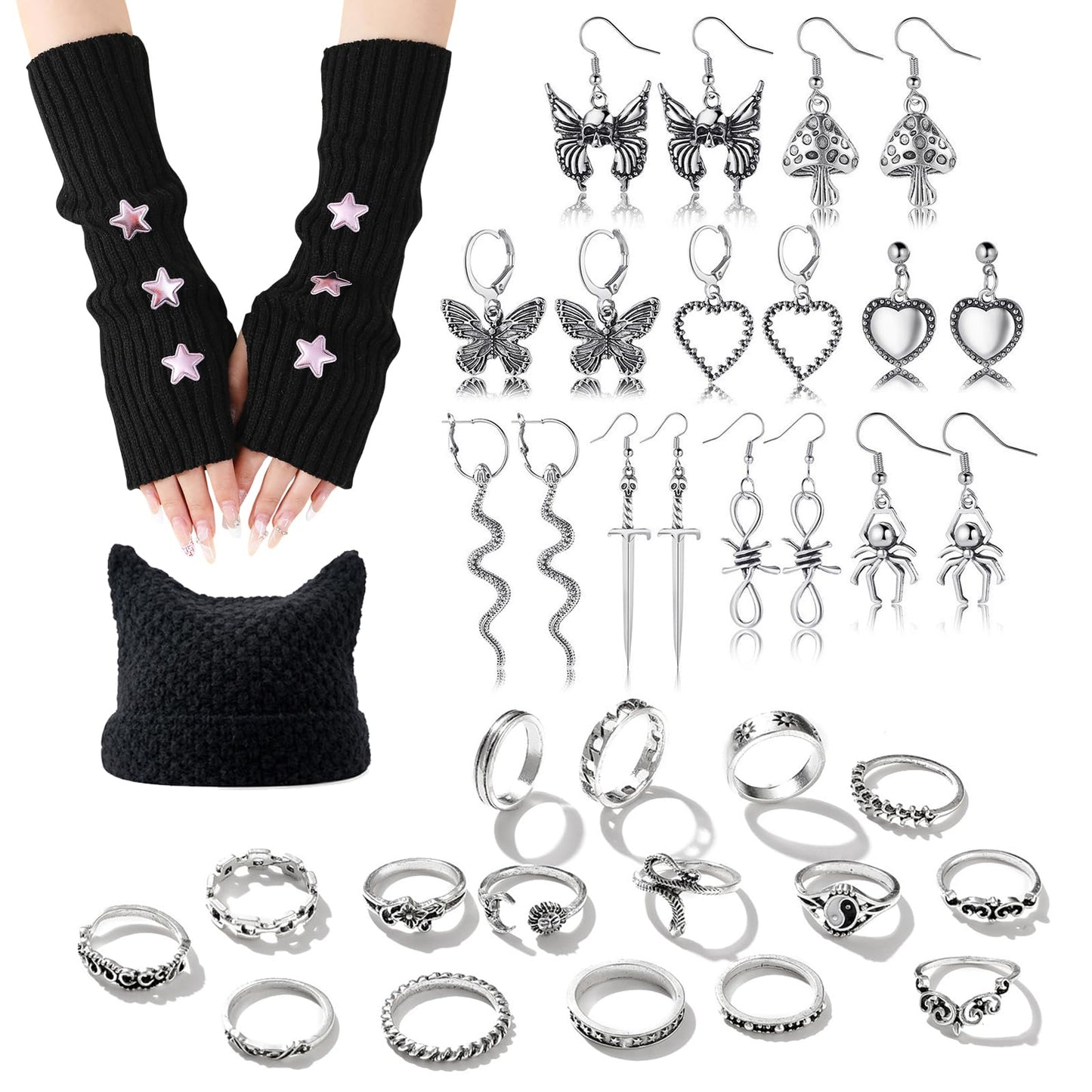 JDRGJTH 27PCS Y2k Jewelry Set Accessories Grunge Knitted Cat Beanie,Fairy Grunge Gloves Gothic Earrings Rings Therian Accessories Set,Grunge Y2K Emo Jewelry Party Costume Accessories Gift for Women