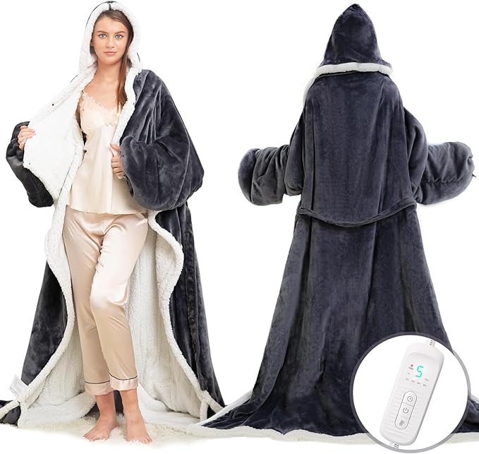 Wearable Heated Blanket with Foot Pocket, Electric Wearable Throw Blanket with Sleeves, Hood, Portable Heated Blanket with...