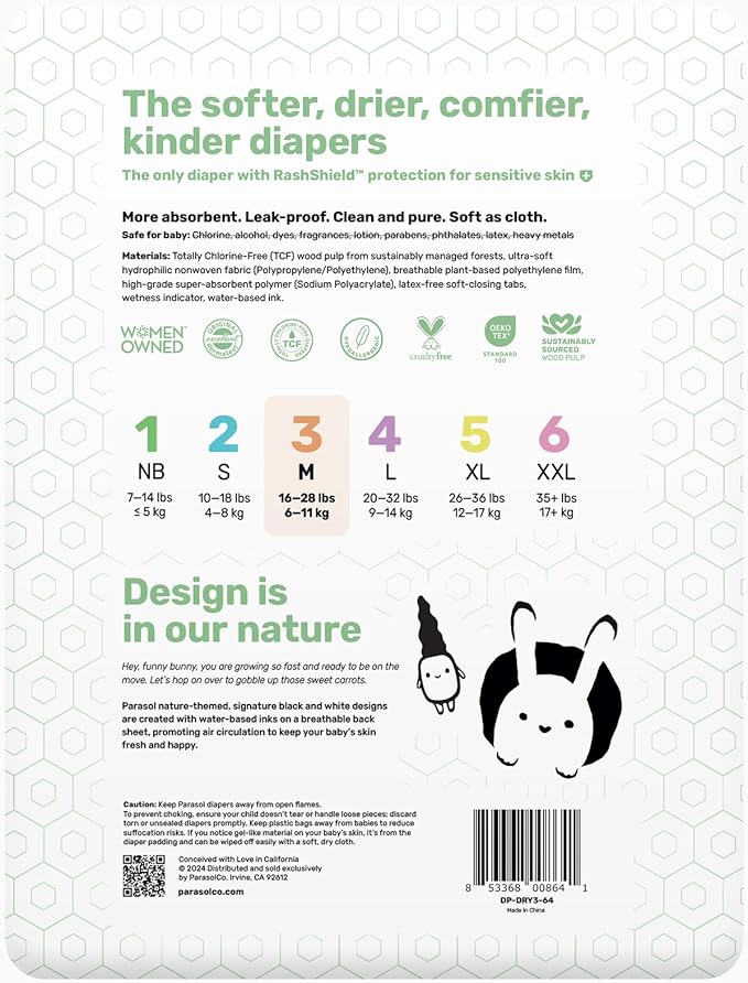 Parasol Clear+Dry Disposable Diapers, RashShield Protection and Leak-Control Fit, Hypoallergenic Diapers, Size 3 (16-28 lbs), 256 Count