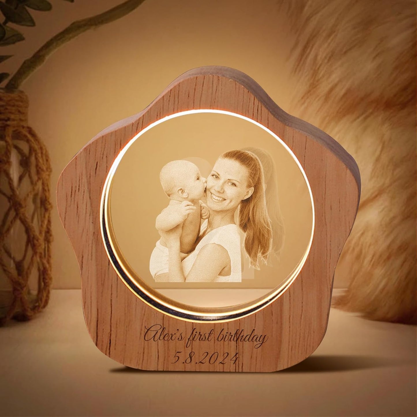 Custom 3D Crystal Photo Night Light – Personalized Glass Photo Ball with Customized 3D Picture Engraving, LED Light Wood Base, Unique Custom Gifts for Family, Pets, Birthday，Valentine's Day (Style 5)