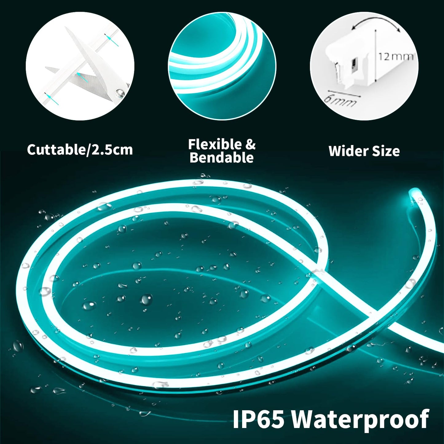 iNextStation 12V Ice Blue LED Strip Lights, 16.4FT Waterproof, Flexible, Cuttable, Dimmable Neon Rope Light