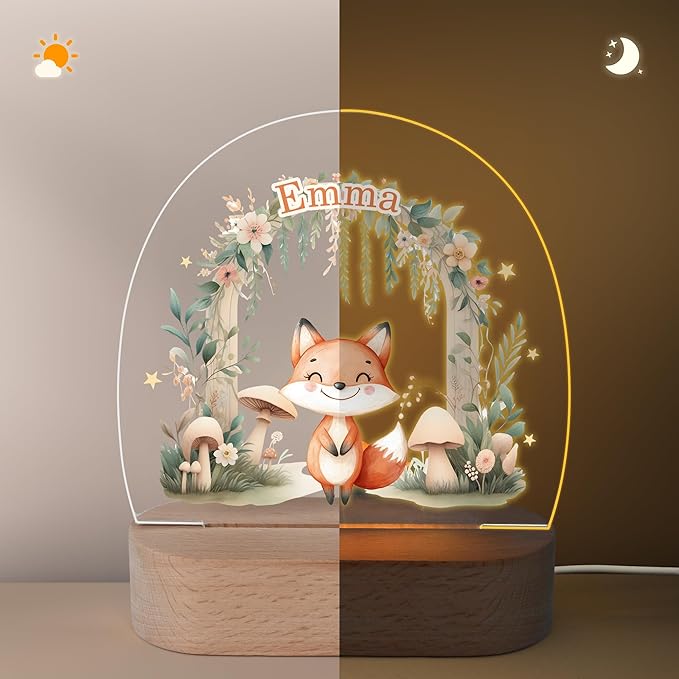 callie Acrylic Night Light Name Plate Personalized, Custom Cute Animal Dog Cat with Wooden Base Bedroom Decor, Birthday Gifts Kid Gifts for Family (Forest Animal)