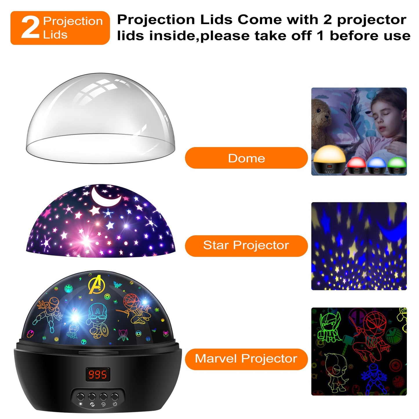 Mokoqi Superhero Night Light Projector For Kids, 360° Rotation, Black, Model No.012-1761, Includes Spiderman Figurine, Timer