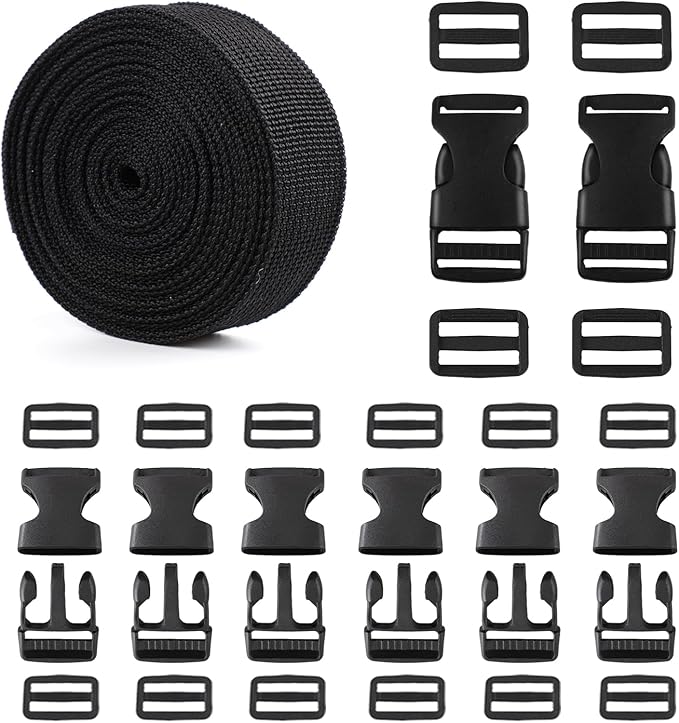 Strap and Buckles kit - 18 ft Nylon Webbing 1 inch wide, 8 Pack Quick Release Buckle, 16 pieces Tri-Glide Slide Clips, Bla...