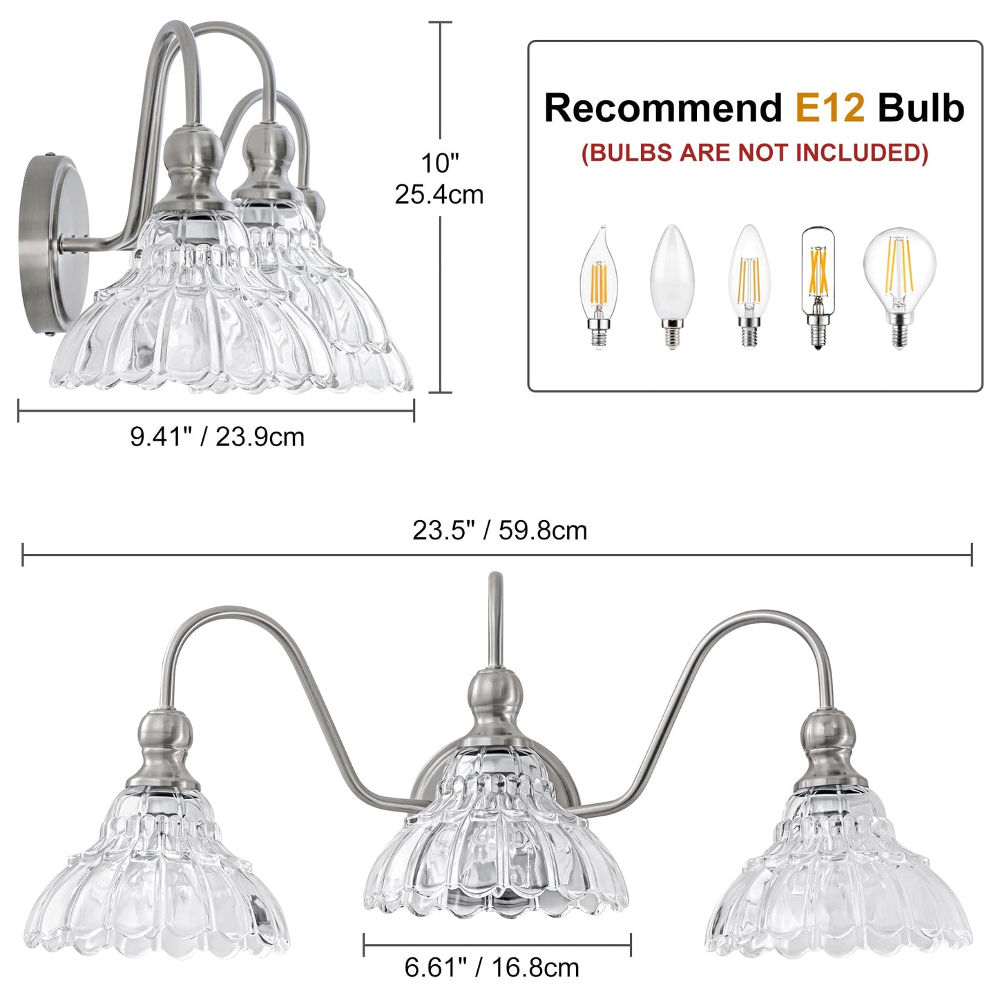Brknit Vintage Bathroom Light Fixtures Over Mirror  3-Light Brushed Nickel Wall Sconce Lighting With Flower Glass Shade  Farmhouse Vanity Lights For Bedroom Kitchen Living Room Hallway Light
