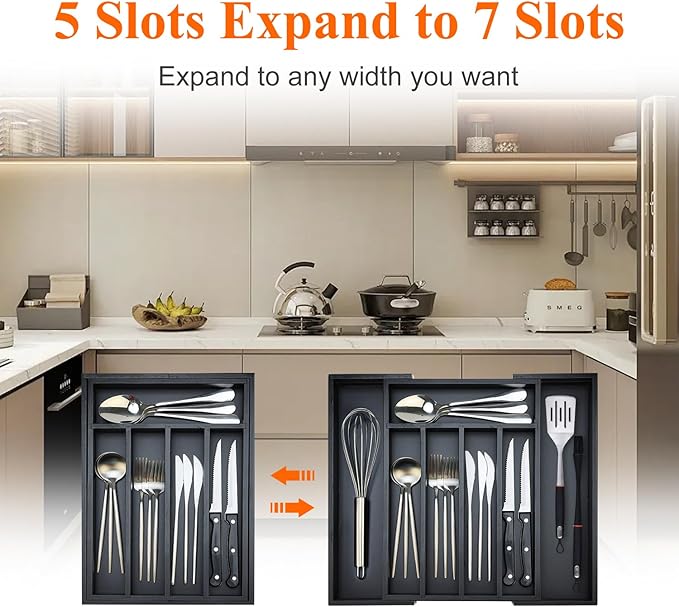 Expandable Bamboo Kitchen Drawer Organizer Utensil Tray Black Wood Silverware Organizer Adjustable Wooden Cutlery Tray for Fork Spoon Organizer Large Cooking Utensil Holder Drawer Flatware Organizer