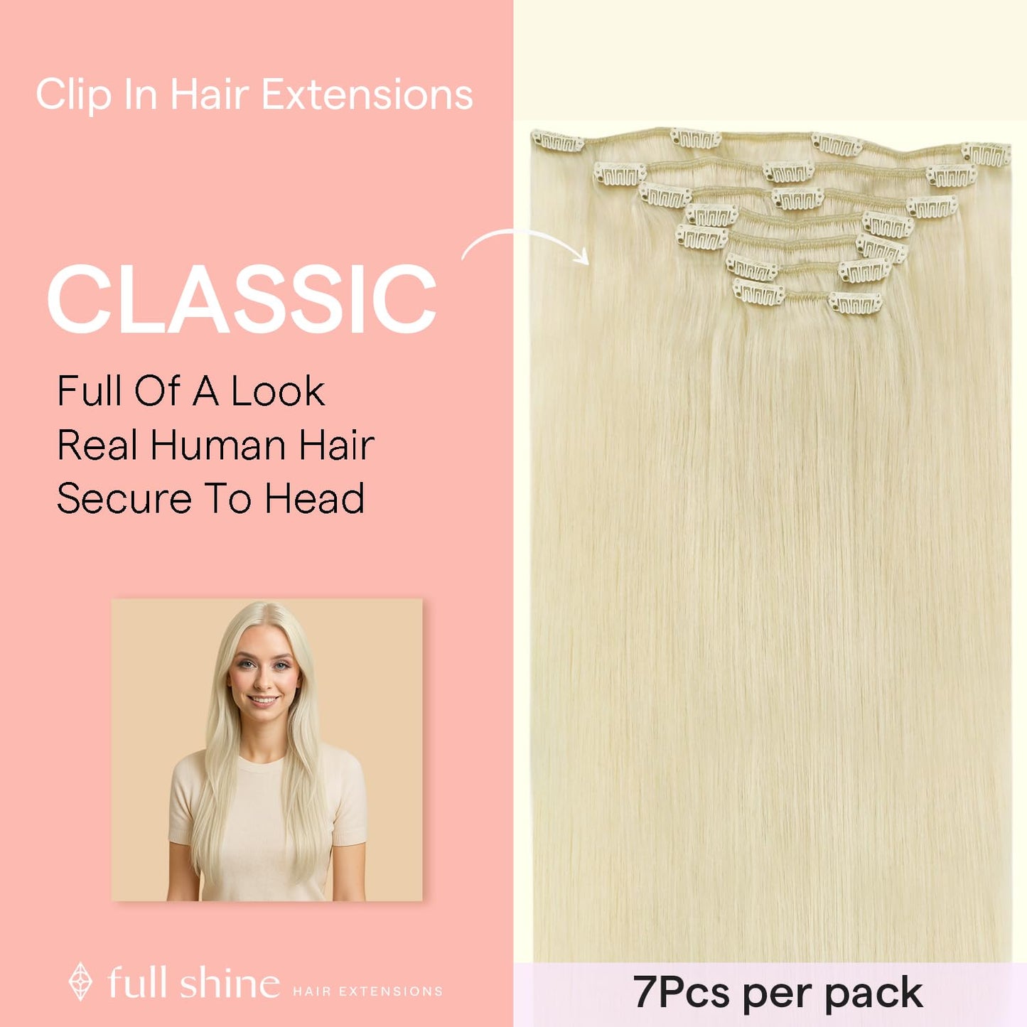 Full Shine Blonde Human Hair Clip In Extensions Platinum Blonde Clip In Real Human Hair 7Pcs 120 Grams Invisible Remy Hair Exten