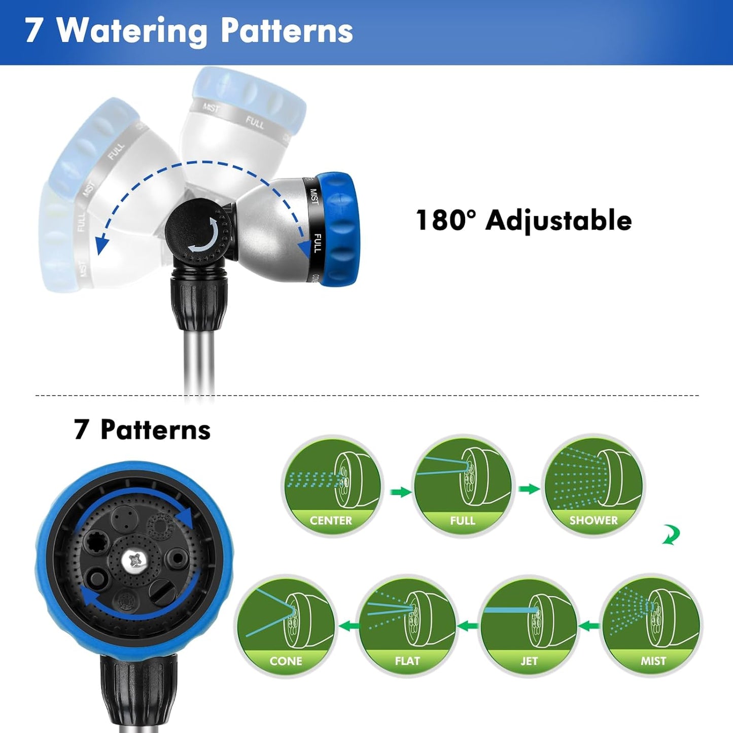 RESTMO Metal Watering Wand, Heavy Duty Garden Hose Wand with 180° Swivel Ratcheting Head, 16'' Hose Nozzle Sprayer with 7 Spray Patterns and Flow Control, for Water Hanging Baskets and Shrubs, Blue