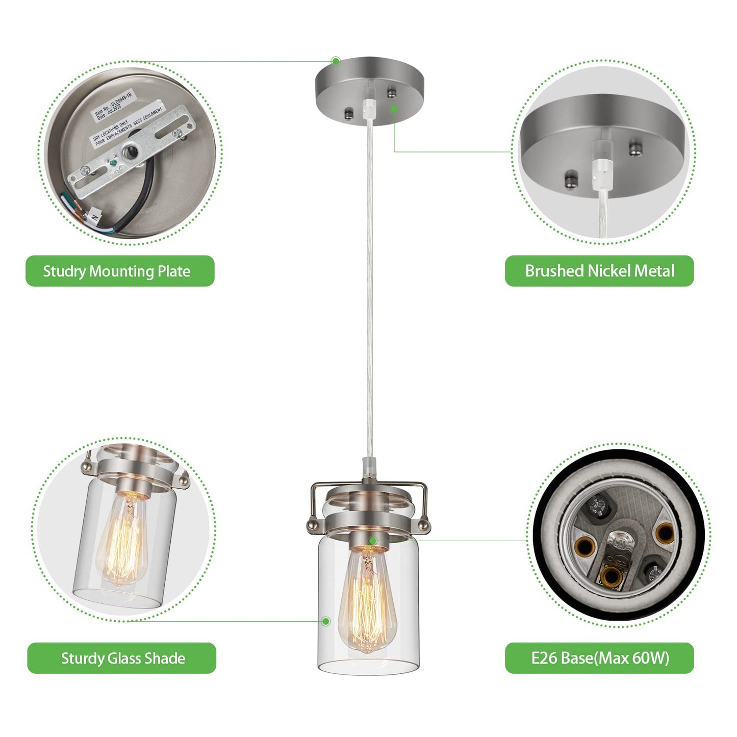 Industrial Pendant Lighting For Kithen Island  Brushed Nickel Pendant Light Fixture With Clear Glass Shade Modern Mini Ceiling Light Fixture Adjustable Kitchen Island Lighting(E26 Base)