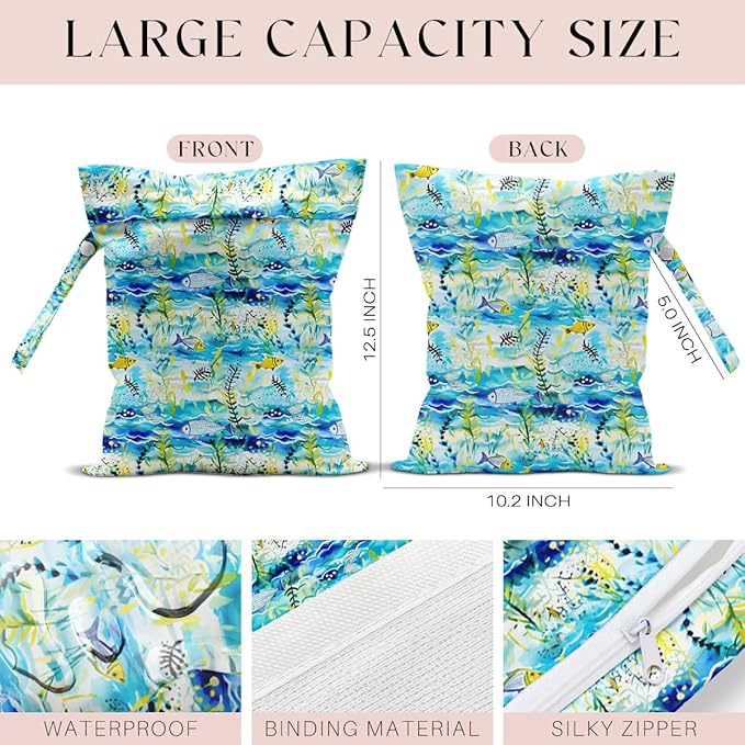 Wet Bag for Swimsuit, Beach Travel Essentials Wet Dry Bag, for Sunscreen Toiletry Dirty Clothes Yoga Gym Diaper, Friends Summer Beach Vacation Gifts. Fish and seaweed